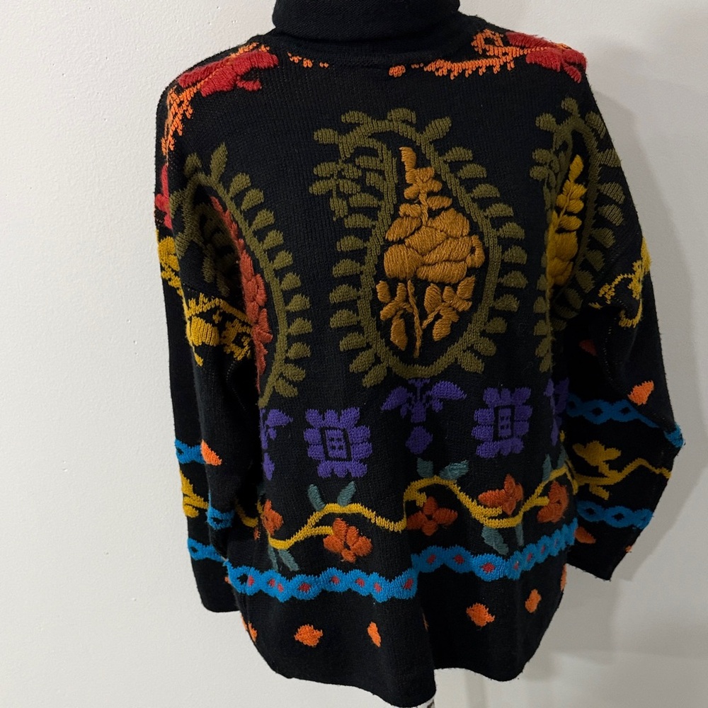 Black Floral Intarsia Turtleneck Sweater